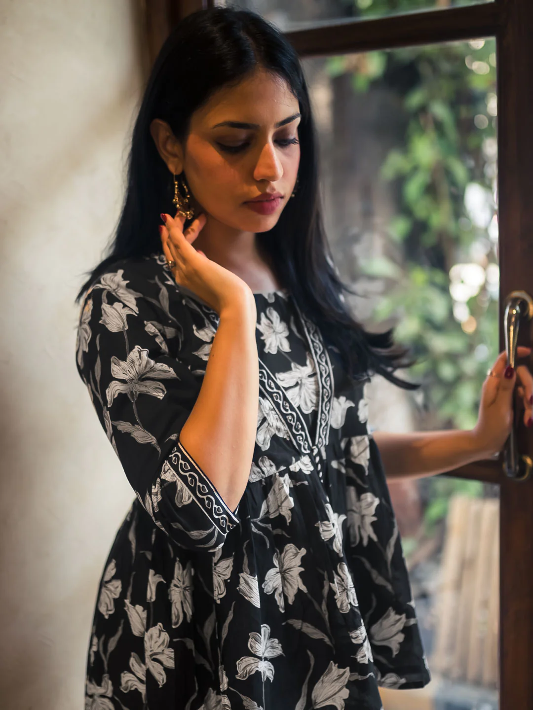 29400O.webp Black Printed Cotton Anarkali Short Kurti - Image 1