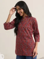 Maroon Printed Cotton Straight Short Kurti - Image 3