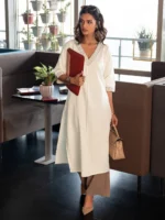 Off White Solid Cotton Blend Straight Kurta - Image 2