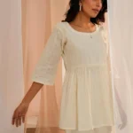 Off White Embroidered Cotton A-Line Kurti