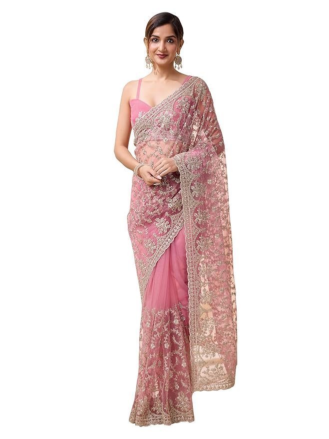 81hx831KsBL._SY879_.jpg Women's Net Embroidery Saree with Blouse Piece - Image 1