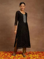 Black Woven Design Chanderi Silk Straight Kurta - Image 2